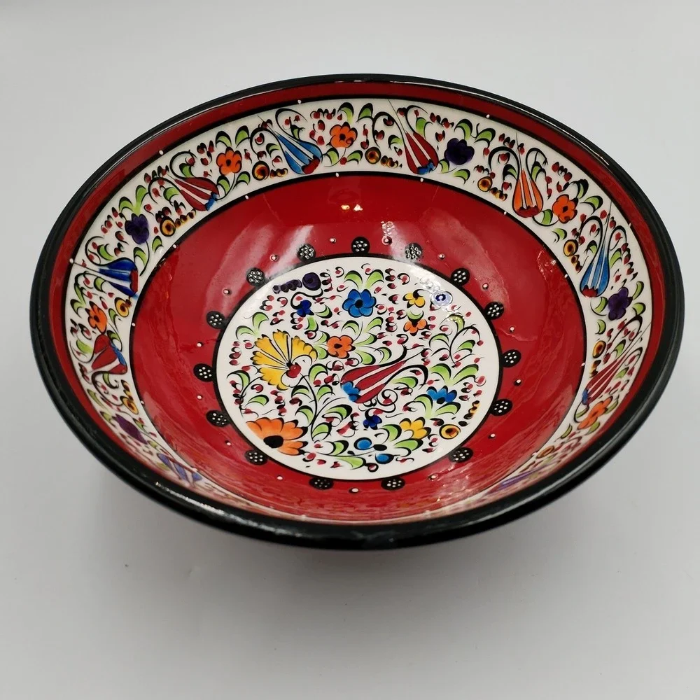 Turkish Ceramic Bowl Hand Painted Hand Made Red Floral Tulip Ottoman Iznik Style